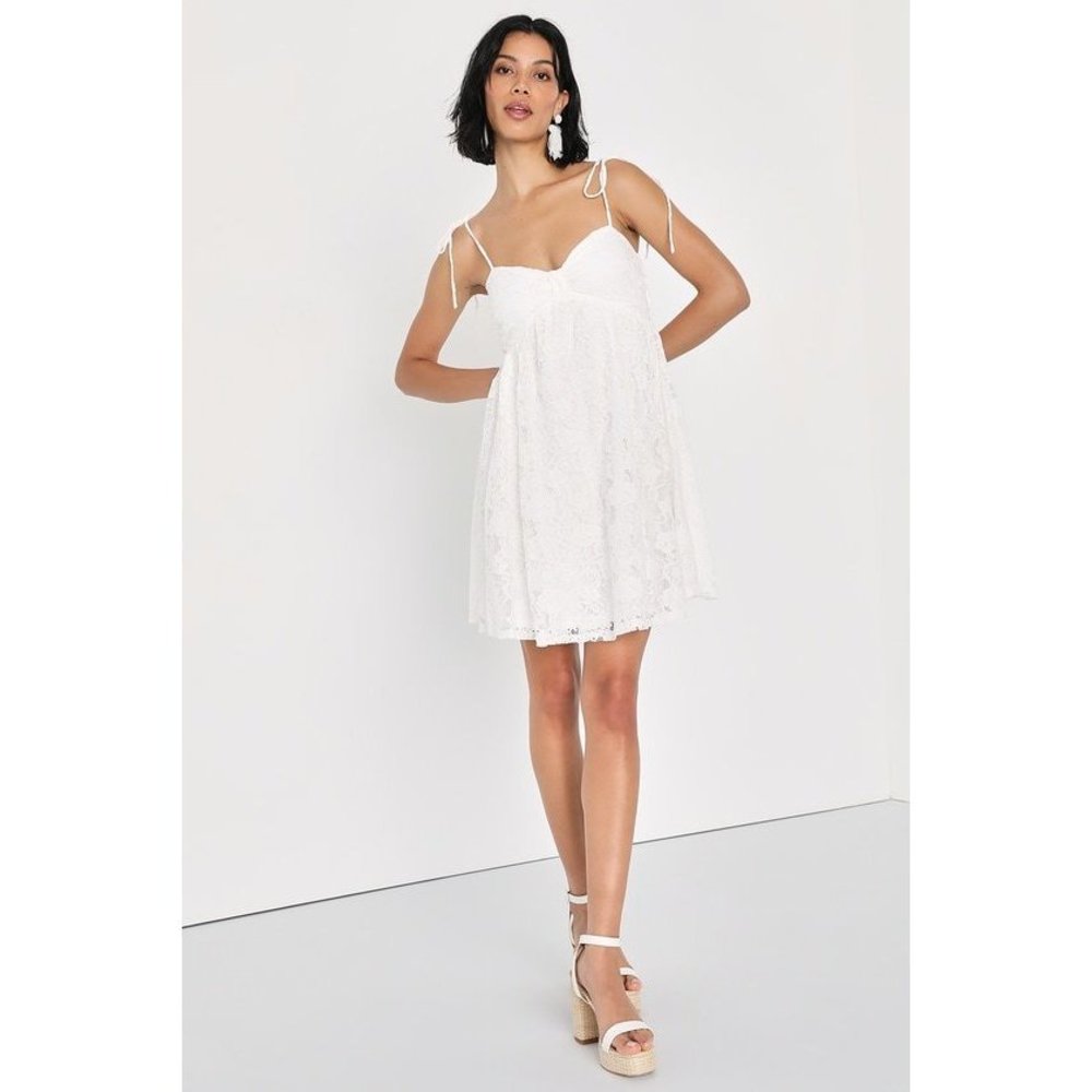 Lulus Angelic Admiration White Lace Tie-shoulder Babydoll Mini Dress - Size XS